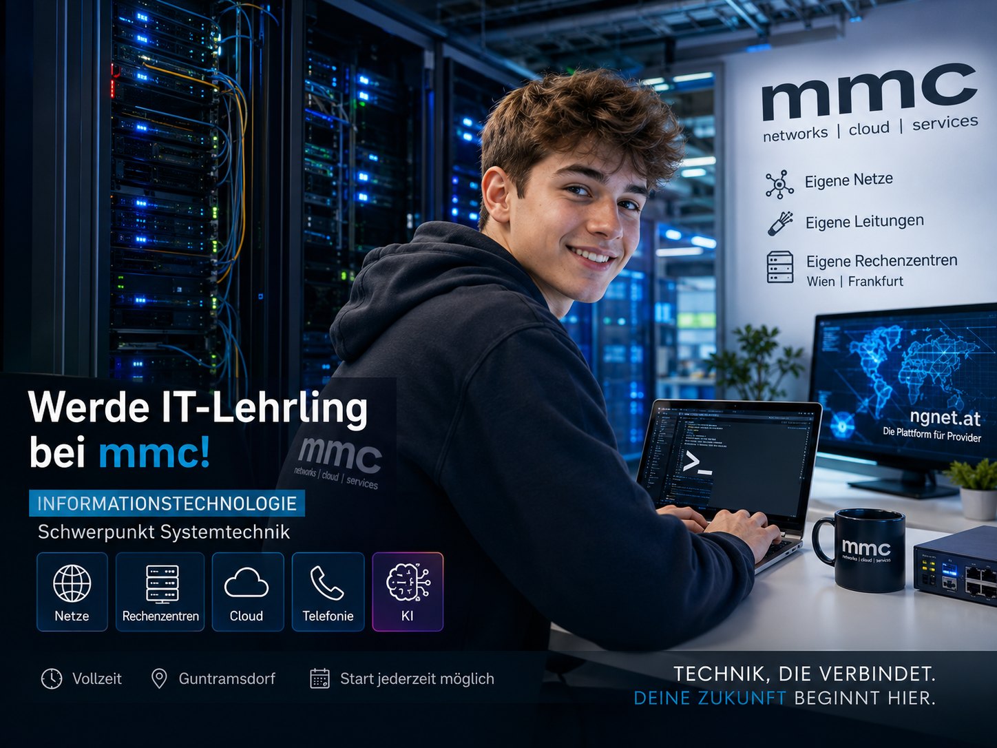 IT-Lehrling bei mmc: Arbeiten im Rechenzentrum an Servern, Netzwerken und der Plattform ngnet.at